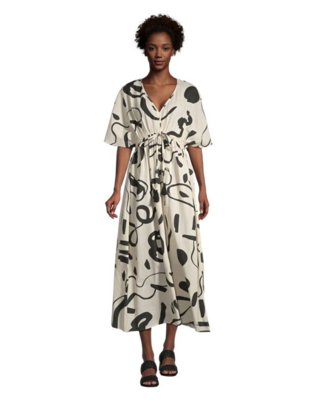 Mira Black White Abstract Shapes Kaftan Dress L/XL Womens Maxi V Neck Cotton
